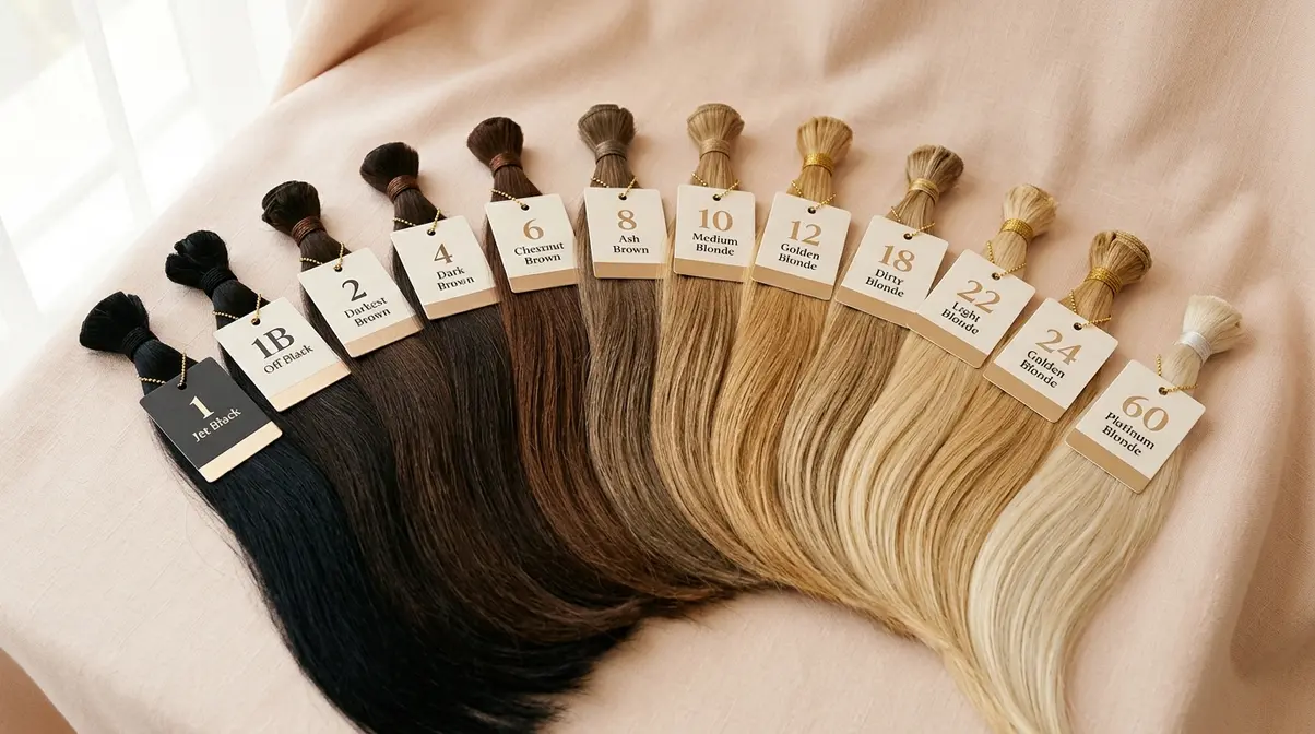 Color swatch fan showing 20 inch hair extension shades from jet black through platinum blonde