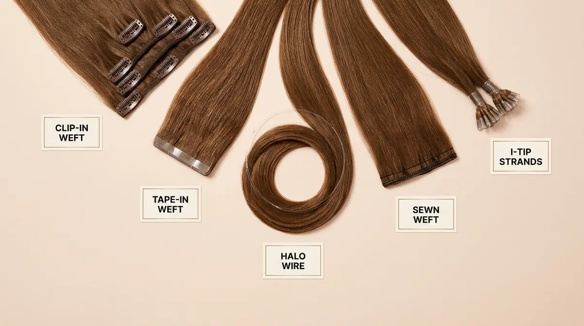 Flat-lay showing five types of 20 inch hair extensions including clip-in tape-in halo sew-in and I-tip