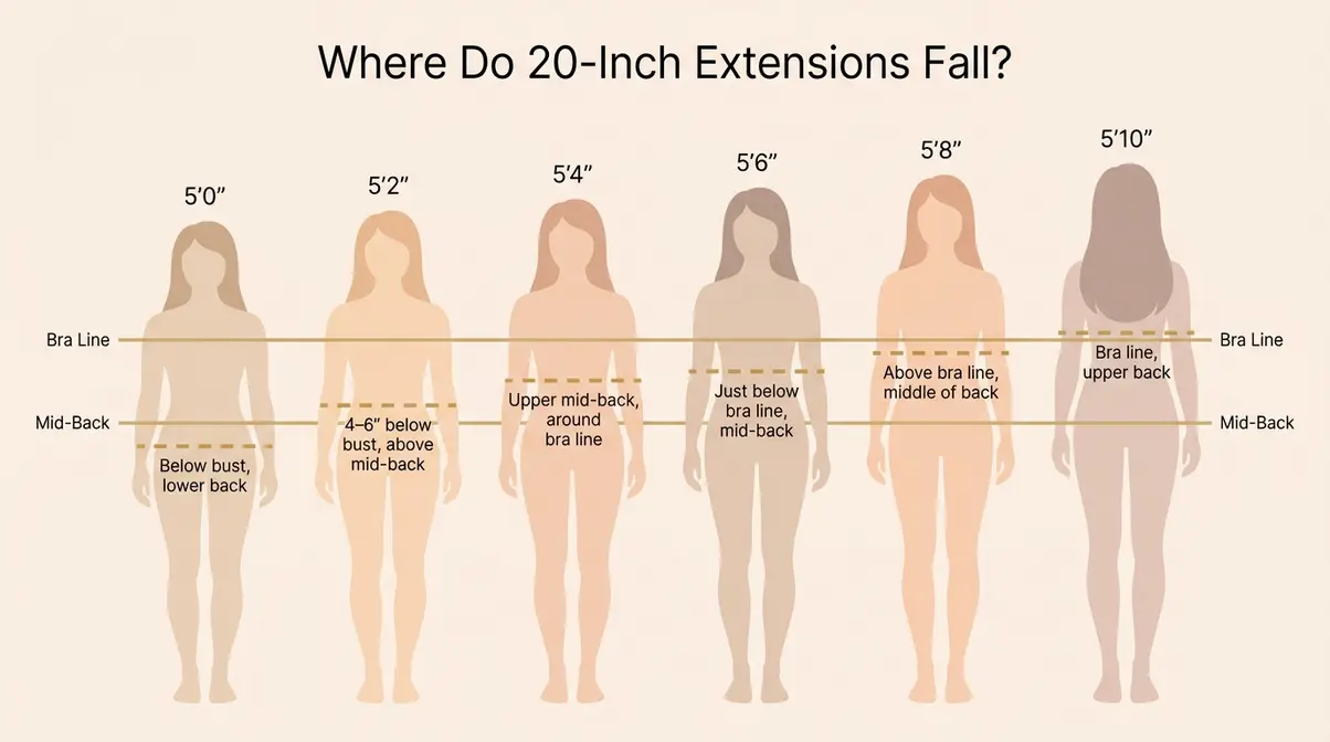 Height chart showing where 20 inch hair extensions fall on women from 5 foot to 5 foot 10 inches