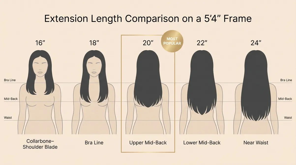 Side-by-side comparison of 16 to 24 inch hair extension lengths shown on a 5 foot 4 inch frame