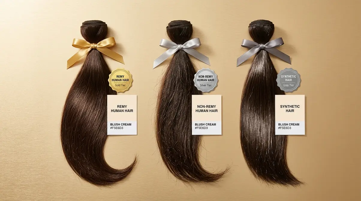 Three bundles comparing Remy human hair, non-Remy, and synthetic 20 inch extensions side by side