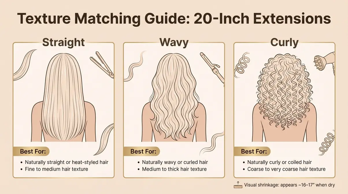 Side-by-side comparison of straight wavy and curly 20 inch hair extensions showing texture blend differences