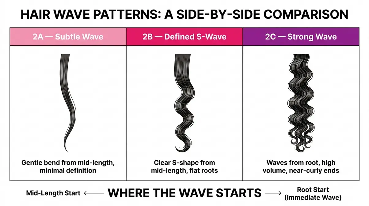 Side-by-side comparison infographic of 2A vs 2B vs 2C hair wave patterns from root to end