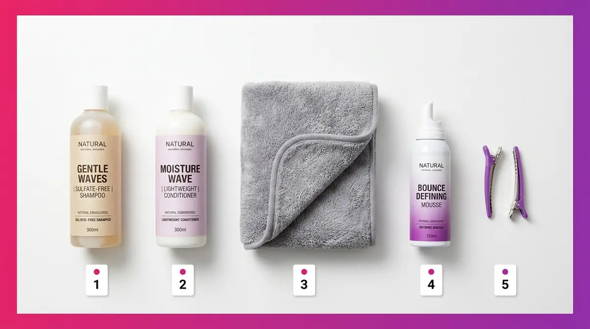 Flat-lay of 2B hair care routine essentials including sulfate-free shampoo, conditioner, microfibre towel, mousse, and root clips