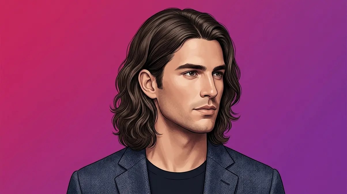 Illustrated man with medium-length 2B wavy hair showing defined S-wave pattern and flat roots styled naturally