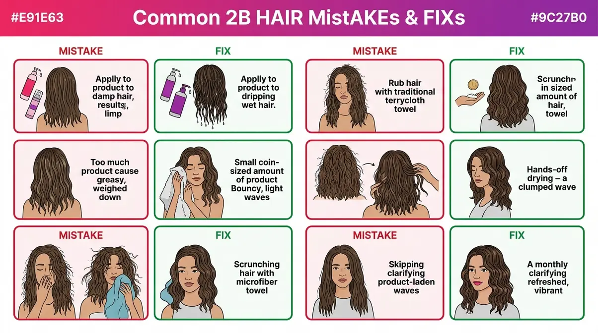 Five illustrated mistake-and-fix comparisons for common 2B wavy hair errors including product timing and towel technique
