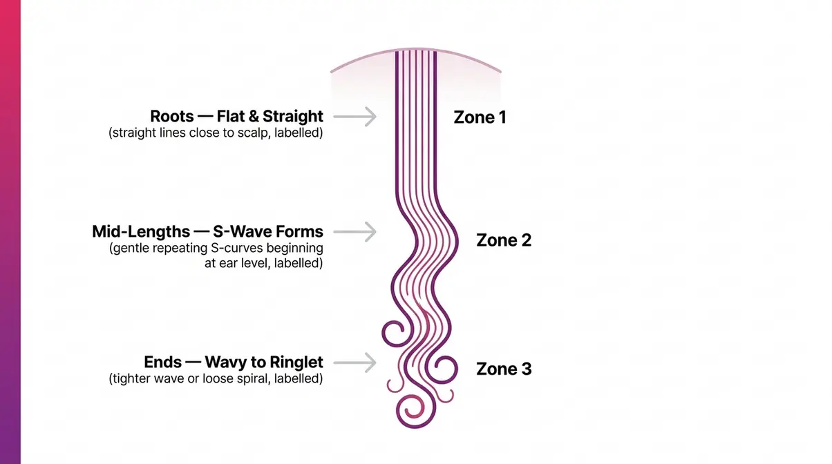 Illustrated diagram of 2B hair S-wave pattern showing flat roots at top, defined waves at mid-length, and wavy ends