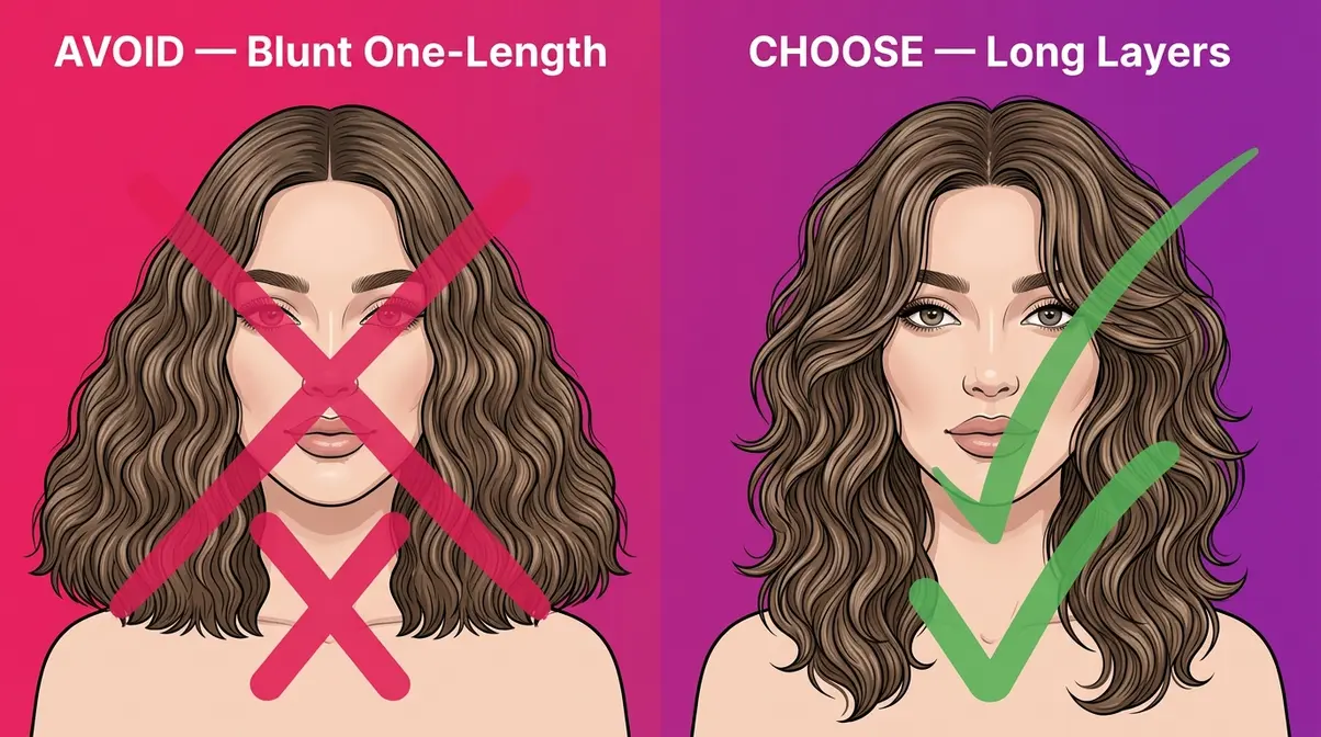 Split illustration comparing blunt one-length cut versus long layers for 2B wavy hair showing volume and shape difference