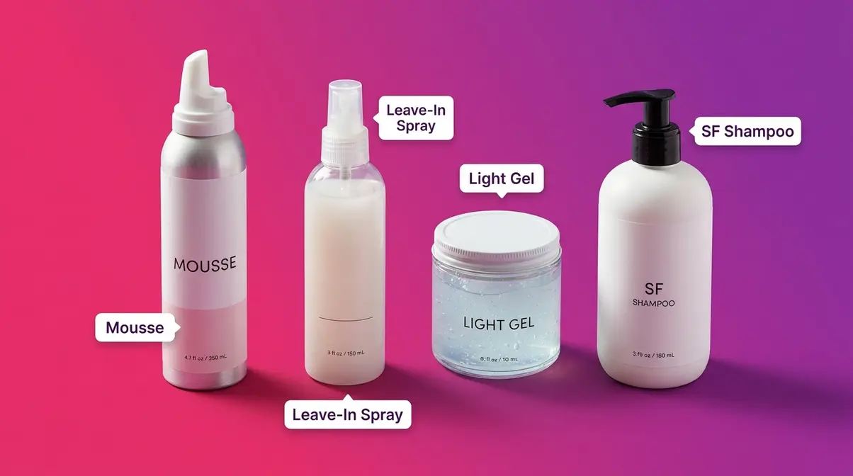 Four essential 2B hair product categories arranged on gradient background: mousse, leave-in spray, light gel, and sulfate-free shampoo