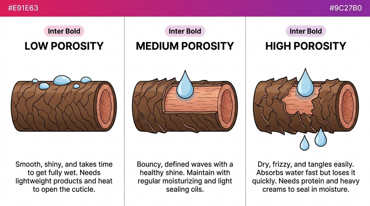 Three-panel diagram illustrating low, medium, and high hair porosity levels with cuticle cross-section detail for 2B hair