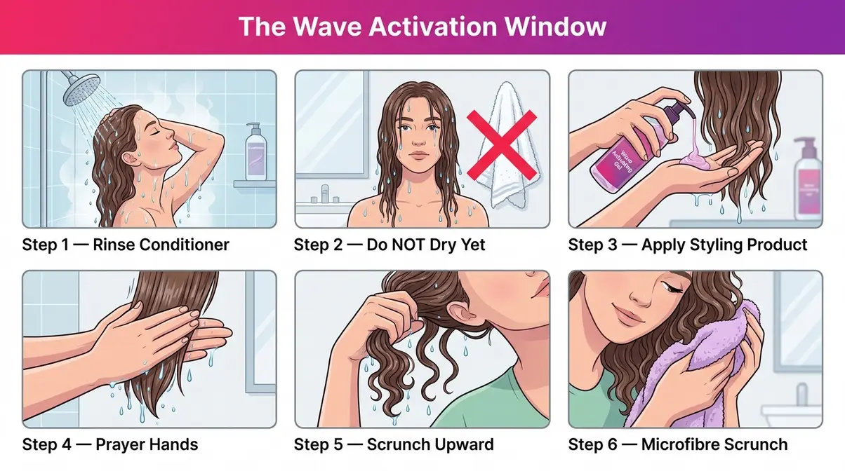 Six-panel illustrated guide showing the Wave Activation Window technique for applying products to soaking-wet 2B hair
