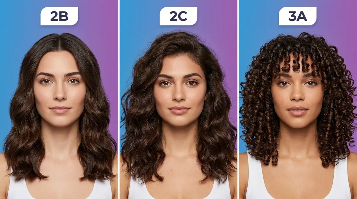 Side by side comparison of 2B 2C and 3A hair types showing wave and curl pattern differences