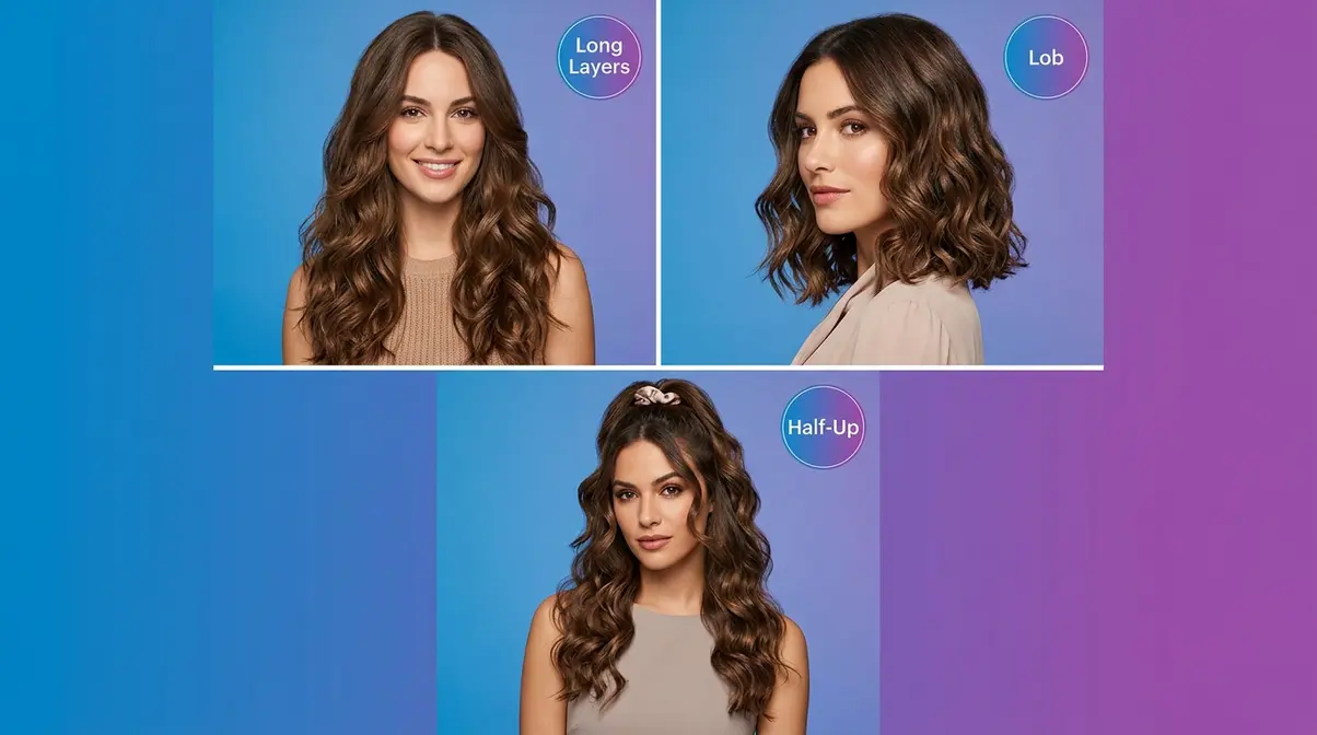 Three best hairstyles for 2C hair showing long layers lob and half-up style with defined waves