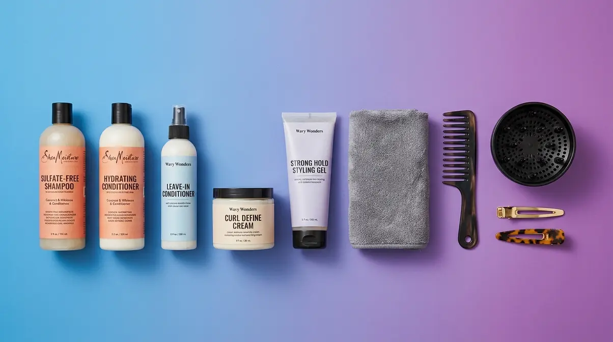 2C hair care routine tools and products including sulfate-free shampoo microfiber towel diffuser and curl cream