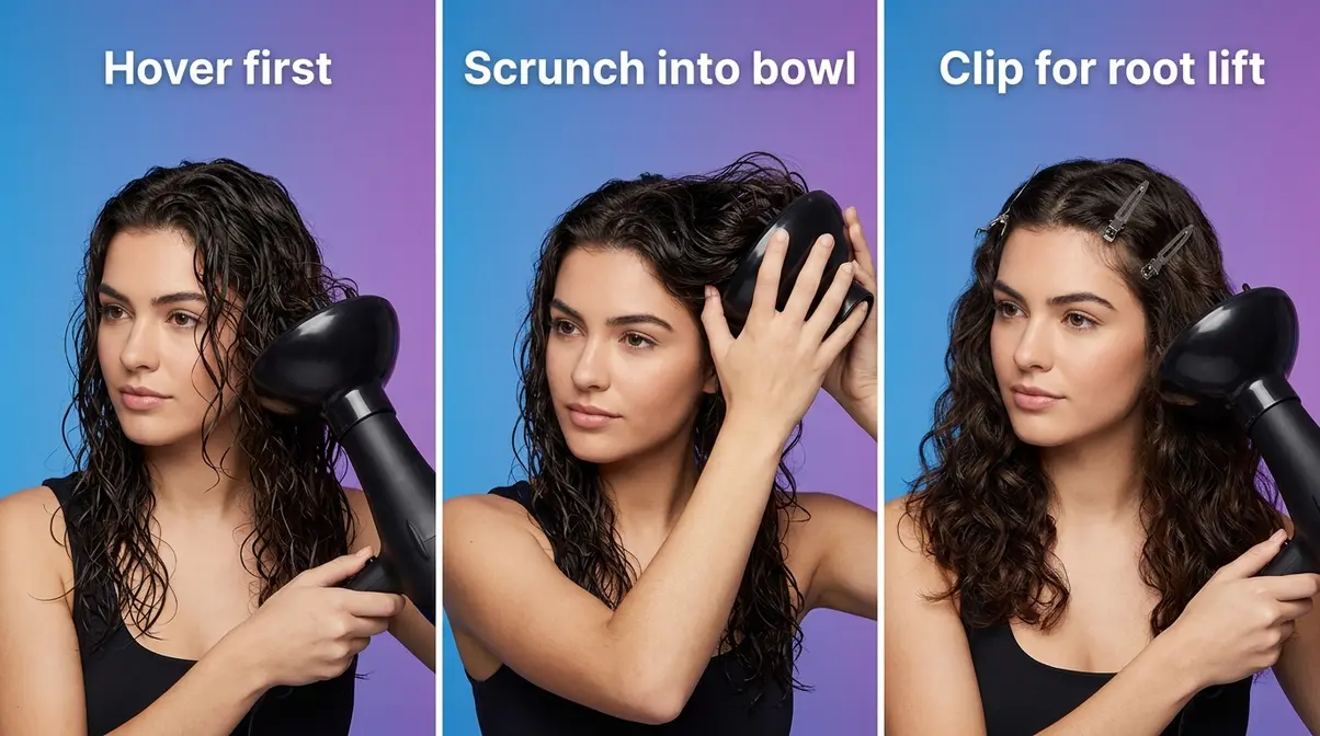Three-step diffusing technique for 2C hair showing hover scrunch and root clip method for volume
