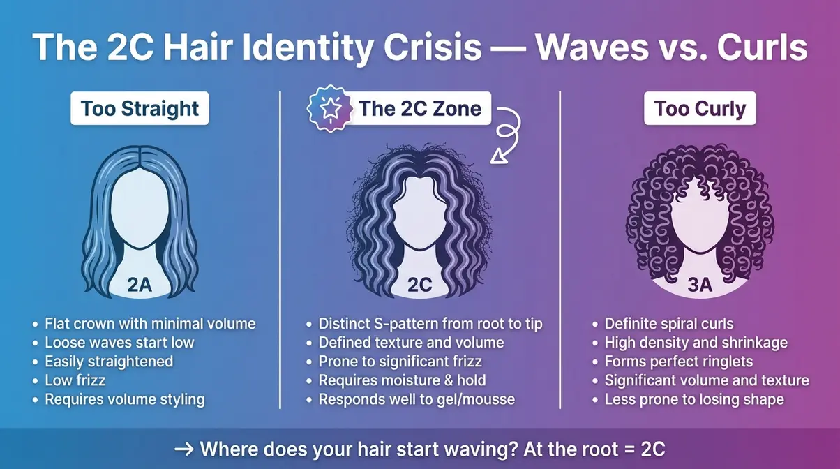 Infographic comparing 2C hair s-wave pattern at roots versus 2A and 3A hair types for identification