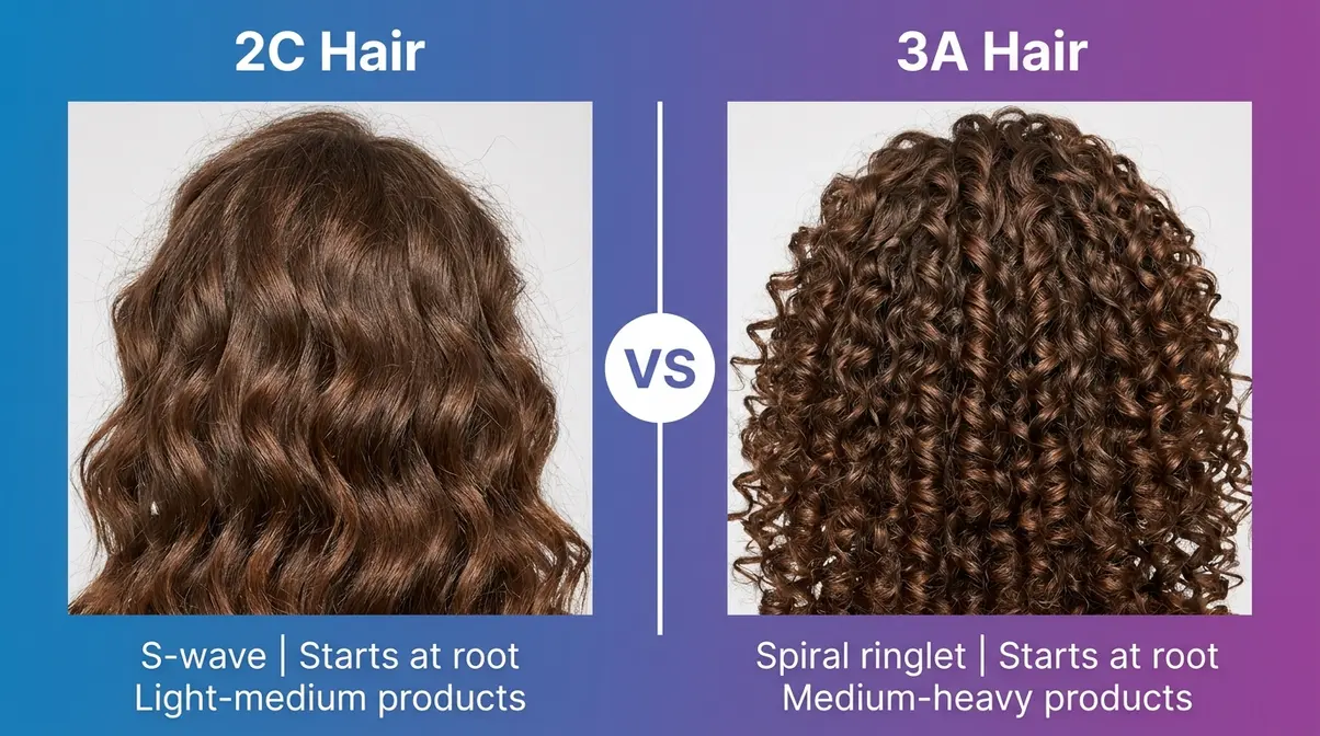 Side by side comparison of 2C hair S-wave pattern versus 3A hair spiral ringlet curls