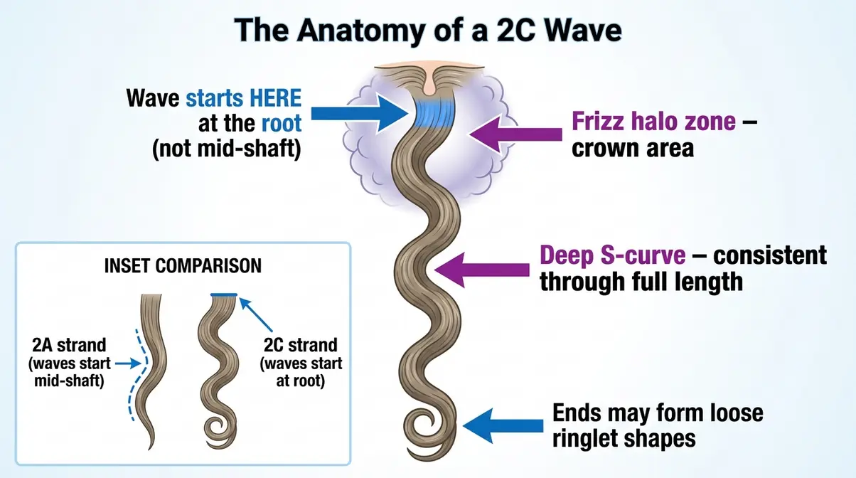 Diagram of 2C hair wave anatomy showing S-pattern from root with frizz zone and wave start labels