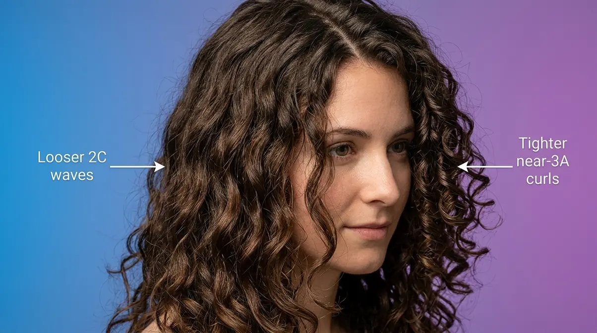 Combination 2C and 3A hair showing different wave and curl patterns across sections of the same head