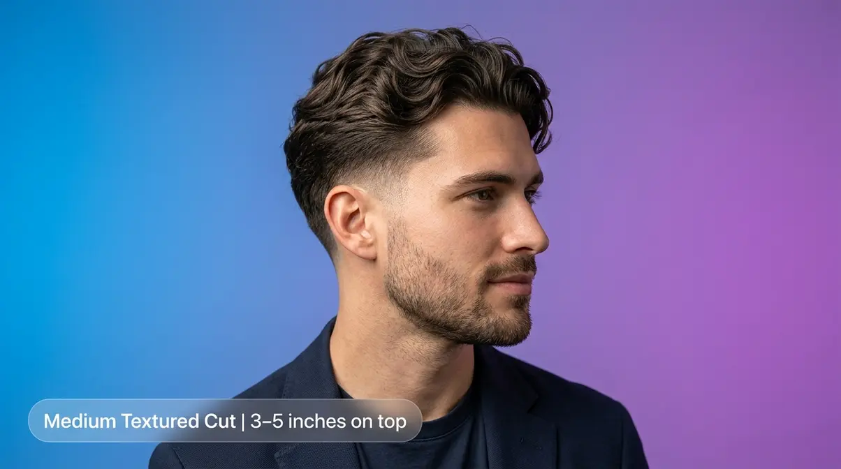 Men's 2C wavy hair with medium textured cut and tapered sides showing defined S-wave pattern