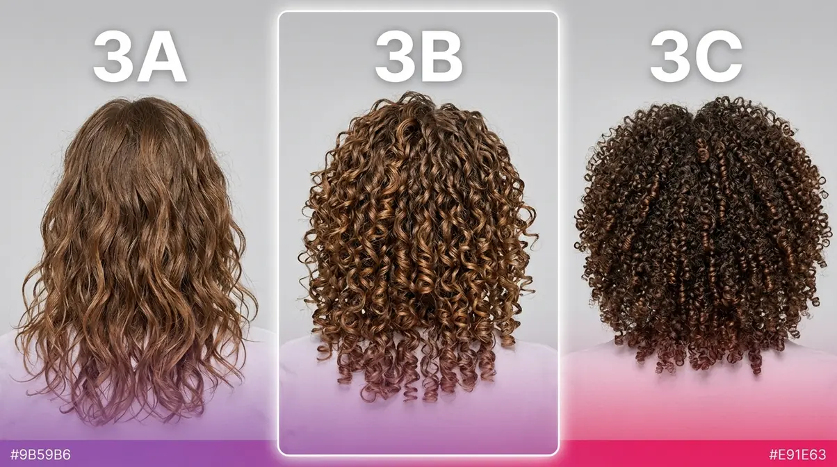 Side-by-side comparison of 3A loose waves, 3B springy ringlets, and 3C tight corkscrews on real curly hair