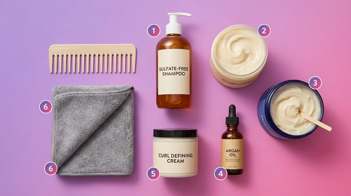 Flat-lay of 3B hair care routine essentials including sulfate-free shampoo, deep conditioner, argan oil, curl cream, and microfiber towel