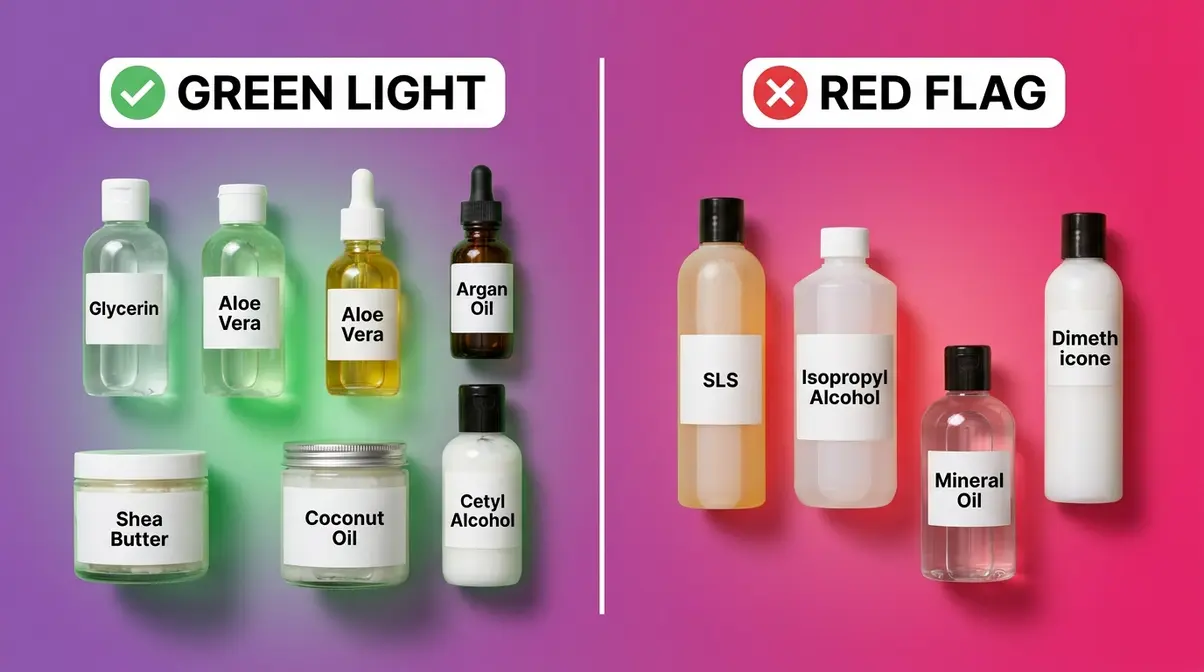 Visual guide to green-light and red-flag ingredients for 3B hair showing what to look for and avoid in products