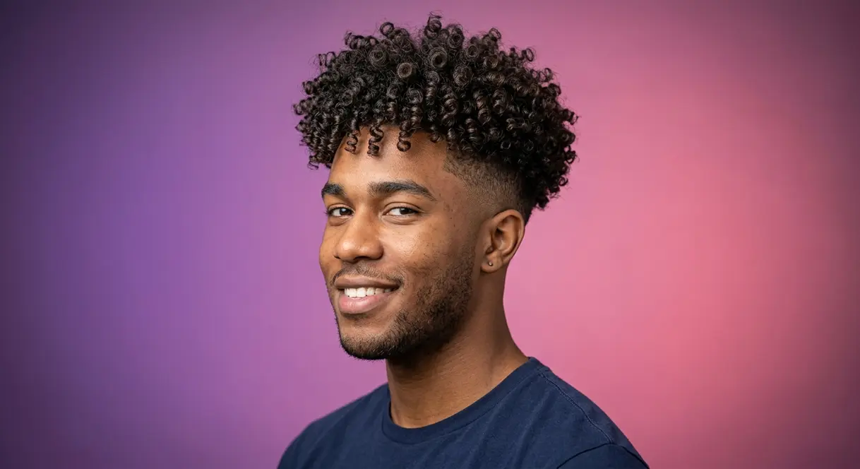 Man with defined 3B curly hair showing tapered sides and natural ringlets on top in a professional portrait