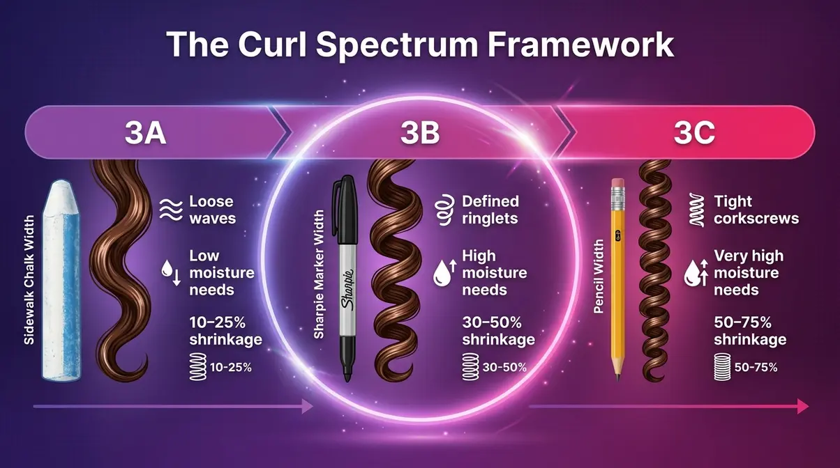 Infographic showing the Curl Spectrum Framework comparing 3A, 3B, and 3C hair curl sizes, tightness, and moisture needs