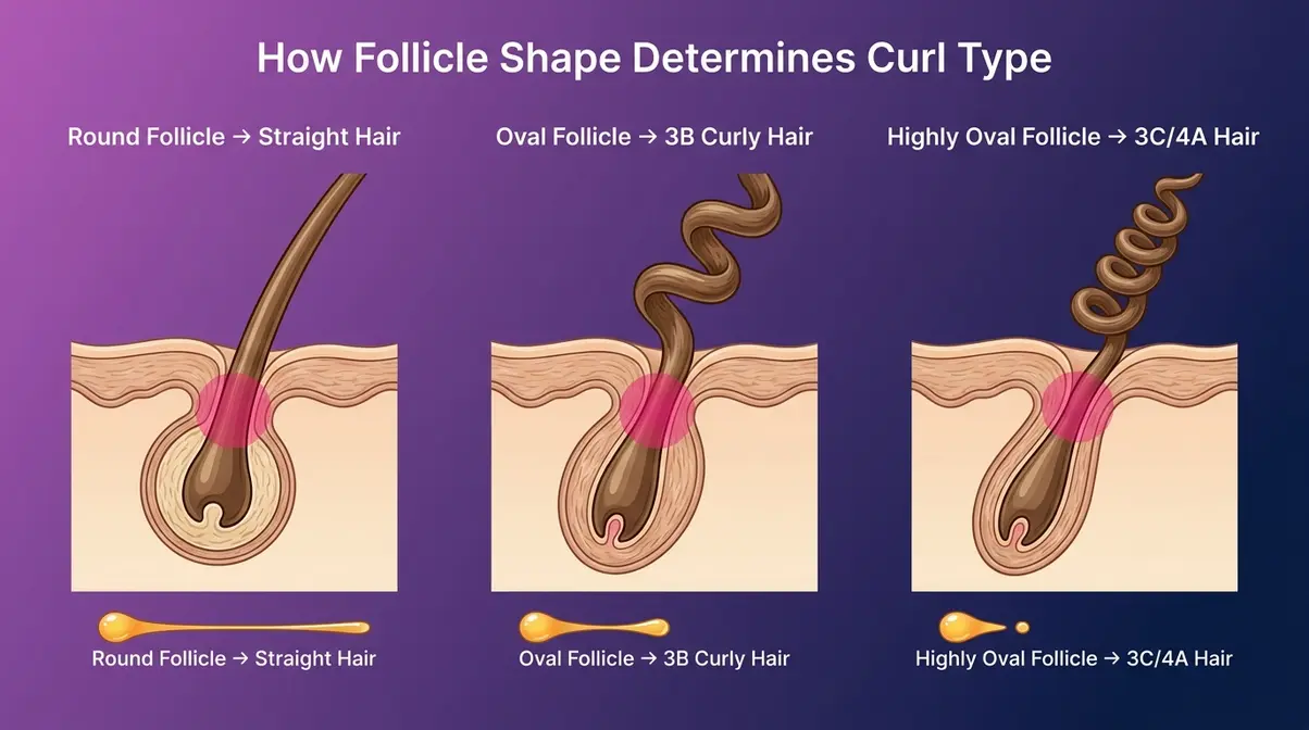 Diagram comparing round versus oval hair follicles showing how follicle shape determines 3B curl formation