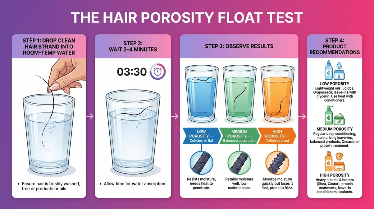 Step-by-step infographic of the hair porosity float test showing low, medium, and high porosity results for 3B hair