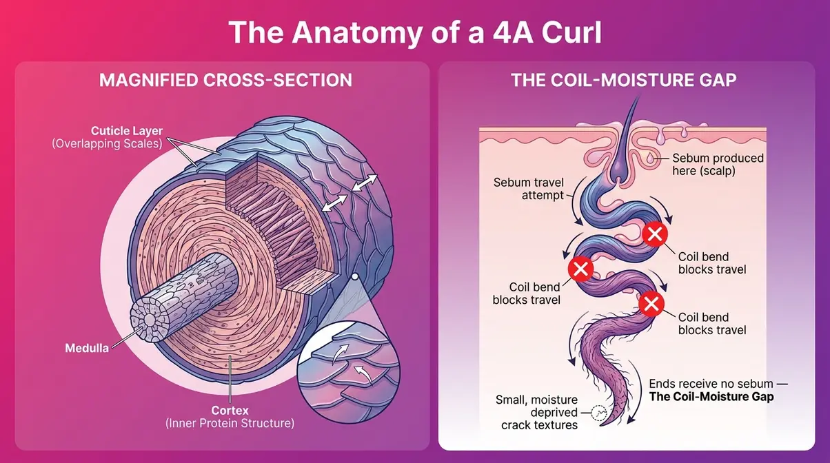 Diagram of 4A hair S-coil anatomy showing how sebum is blocked from reaching dry ends
