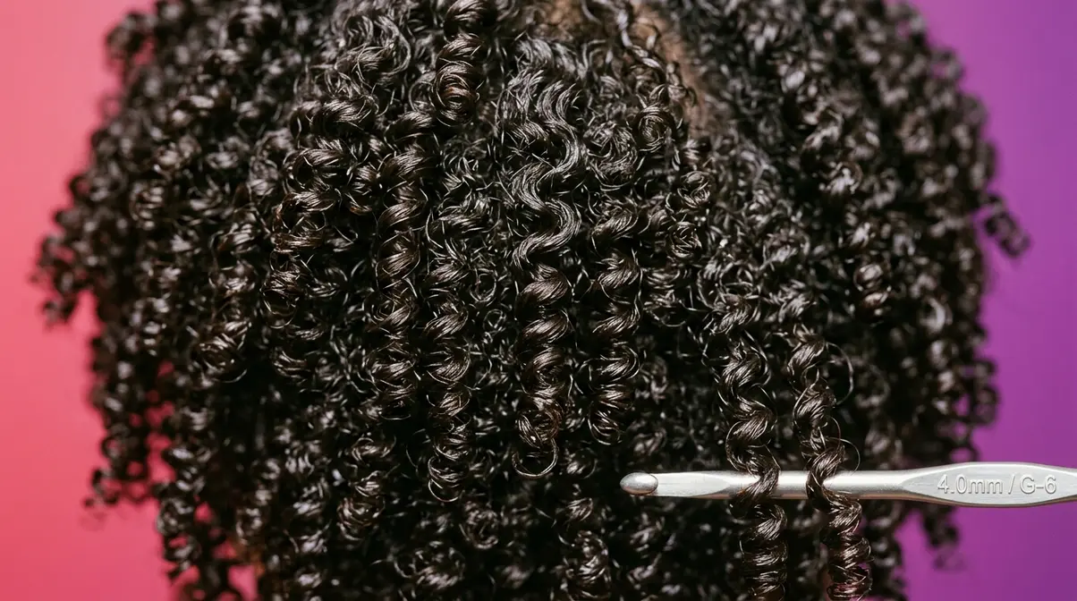 Close-up of 4A hair coils showing tight S-shaped spiral pattern next to crochet needle size reference
