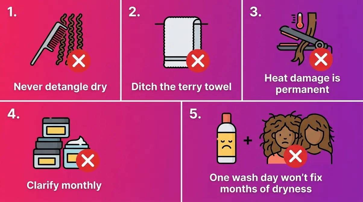 5 most common 4A hair mistakes illustrated including dry detangling, heat damage, and skipping clarifying