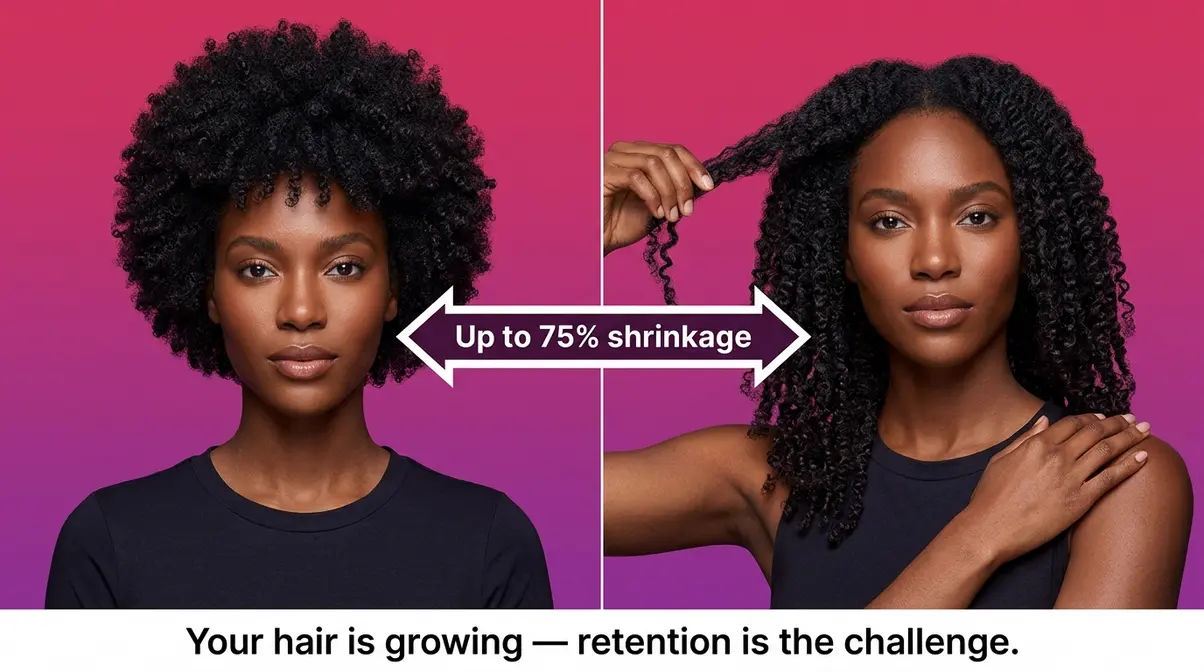 4A hair length retention comparison showing shrinkage versus actual stretched length side by side