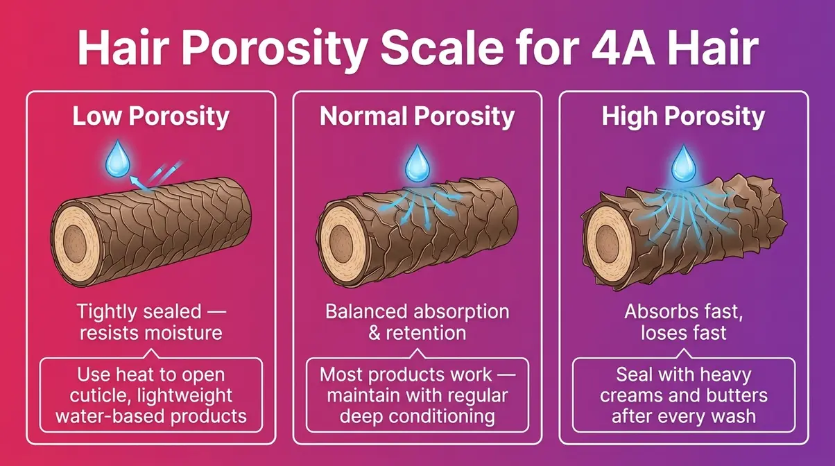 4A hair porosity scale infographic showing low, normal, and high porosity cuticle diagrams with product tips