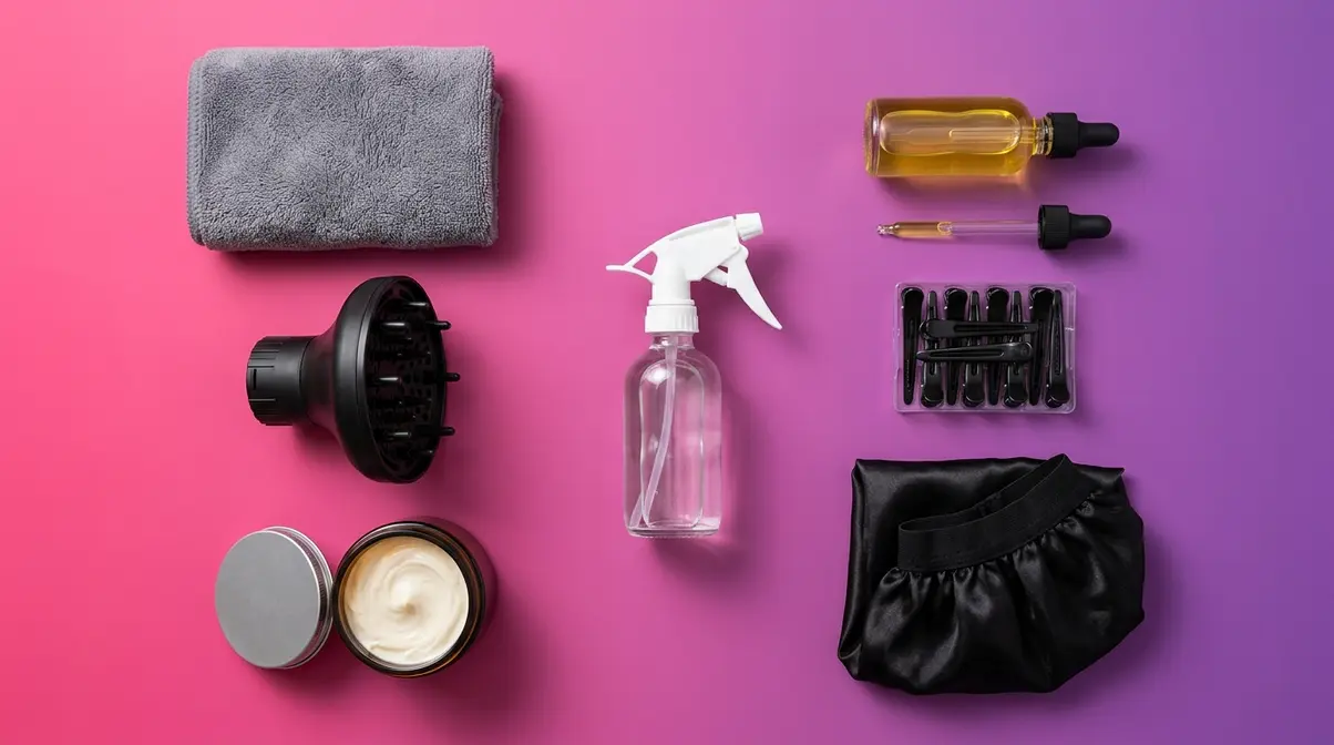 4A hair styling tools including diffuser, curl cream, microfiber towel, and satin bonnet flat lay