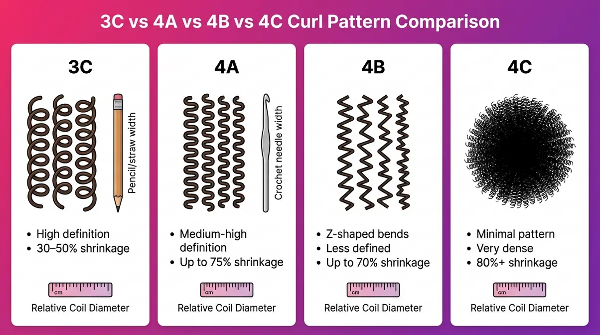 Side-by-side comparison chart of 3C, 4A, 4B, and 4C curl patterns showing coil size and definition