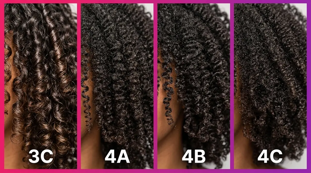 Side-by-side comparison of 3C, 4A, 4B, and 4C curl types showing pattern and coil differences