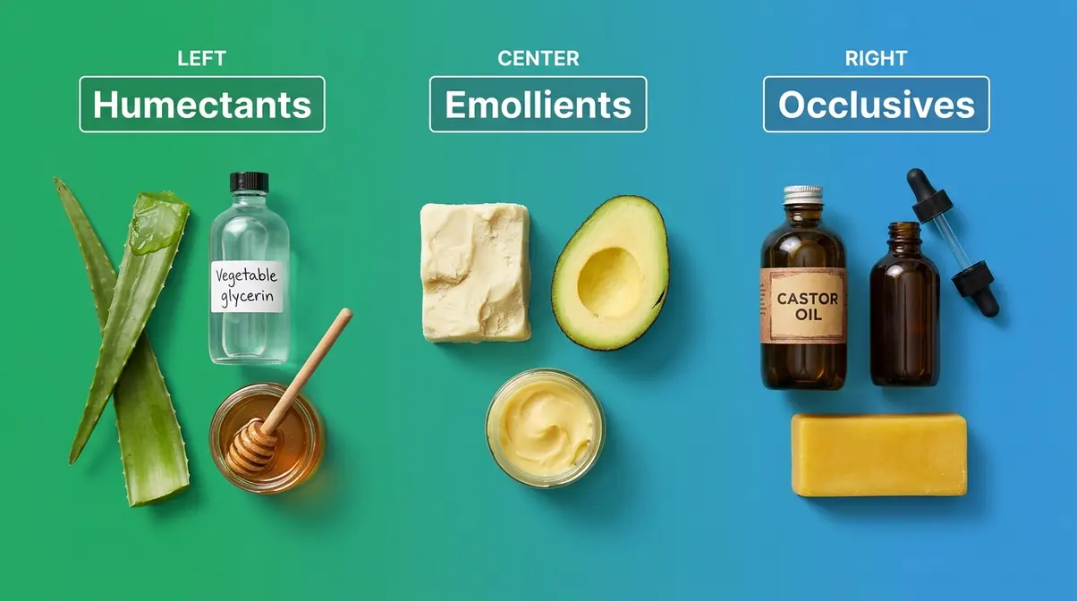 Natural 4C hair care ingredients grouped as humectants, emollients, and occlusives on gradient surface