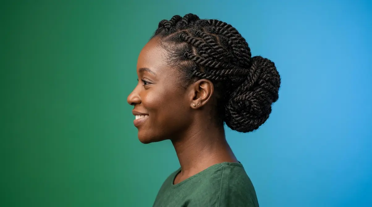 Black woman with 4C hair in protective two-strand twist updo for length retention