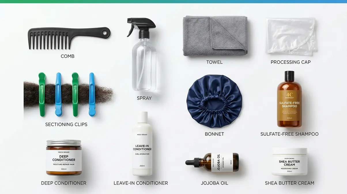 Complete 4C hair care wash day kit with tools and products laid out flat