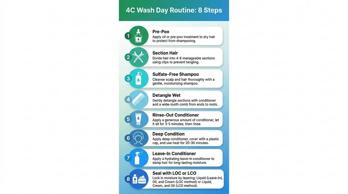 Infographic showing 8-step 4C hair wash day routine from pre-poo to LOC seal