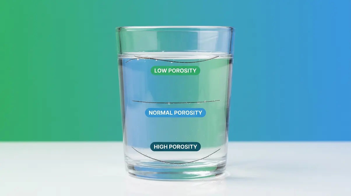 Hair porosity float test showing low, normal, and high porosity strands in clear glass