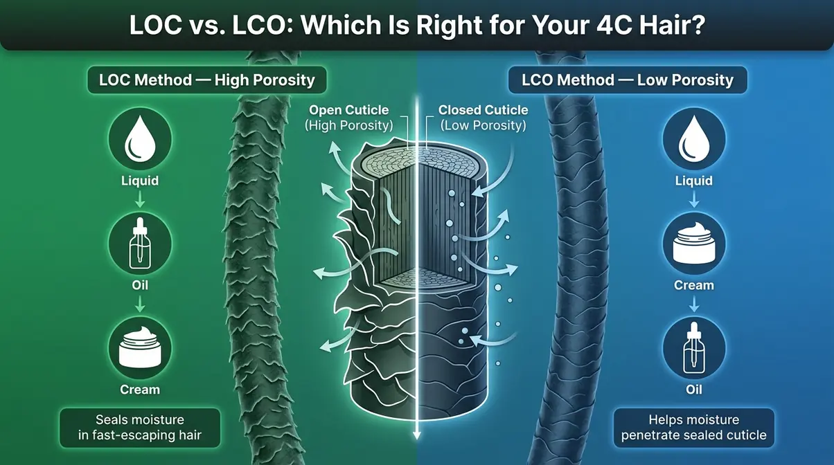 Infographic comparing LOC and LCO moisture layering methods for high and low porosity 4C hair