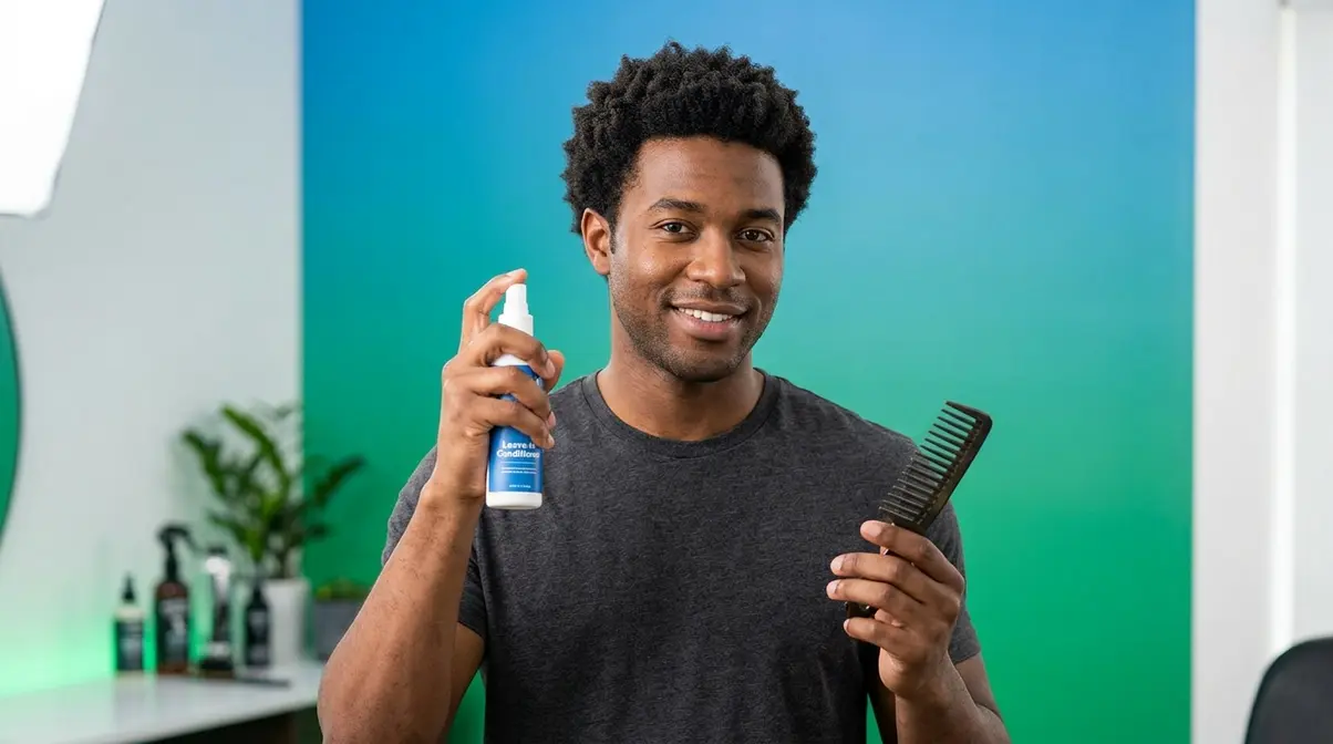 Black man with short 4C afro applying leave-in conditioner as part of daily hair care routine