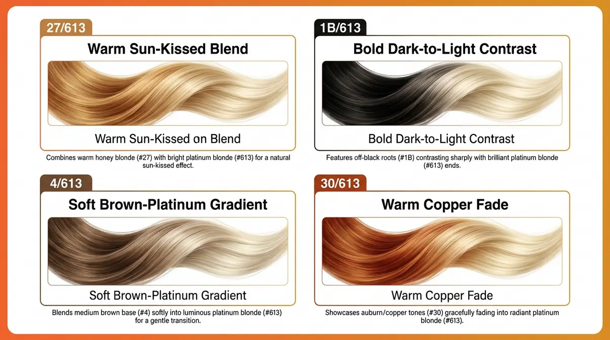 Visual guide showing 613 hair color combinations including 27/613 honey platinum, 1B/613 dark root, 4/613 brown platinum, and 30/613 copper blend