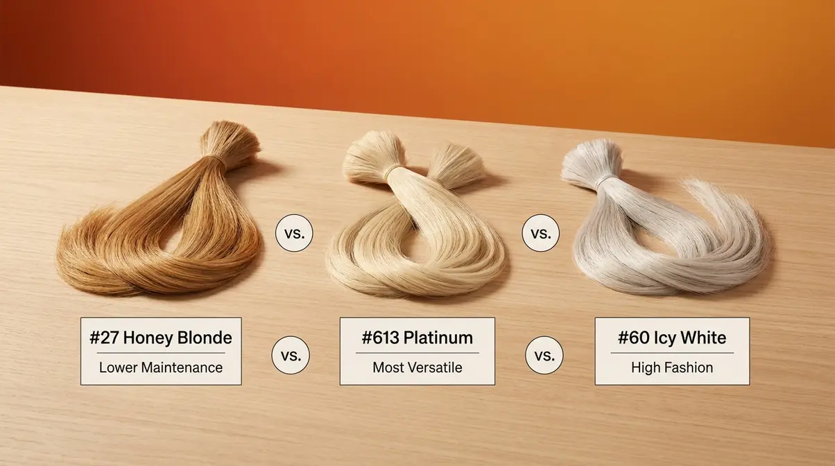 Hair bundle comparison showing 613 platinum blonde alternatives including 27 honey blonde and 60 icy white with maintenance labels