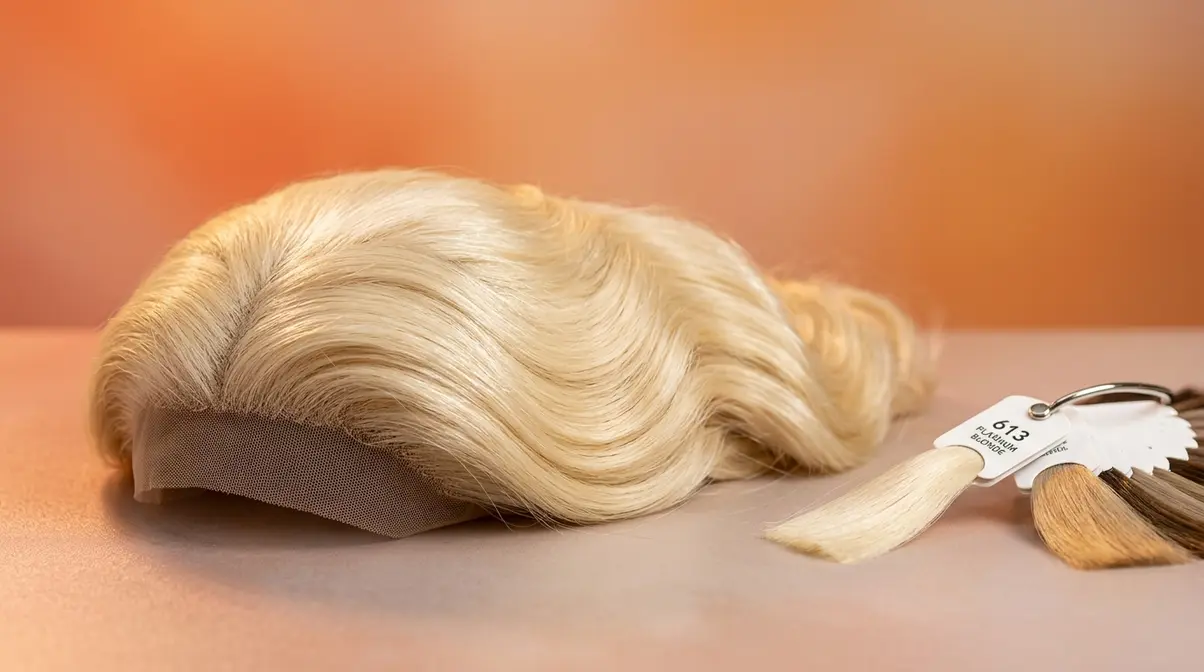 613 platinum blonde hair bundle displayed on clean surface with professional color swatch ring showing Level 10 to 12