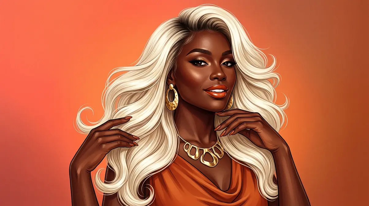 Woman with deep brown skin wearing 613 platinum blonde hair showing high-contrast beauty look with dark root smudge
